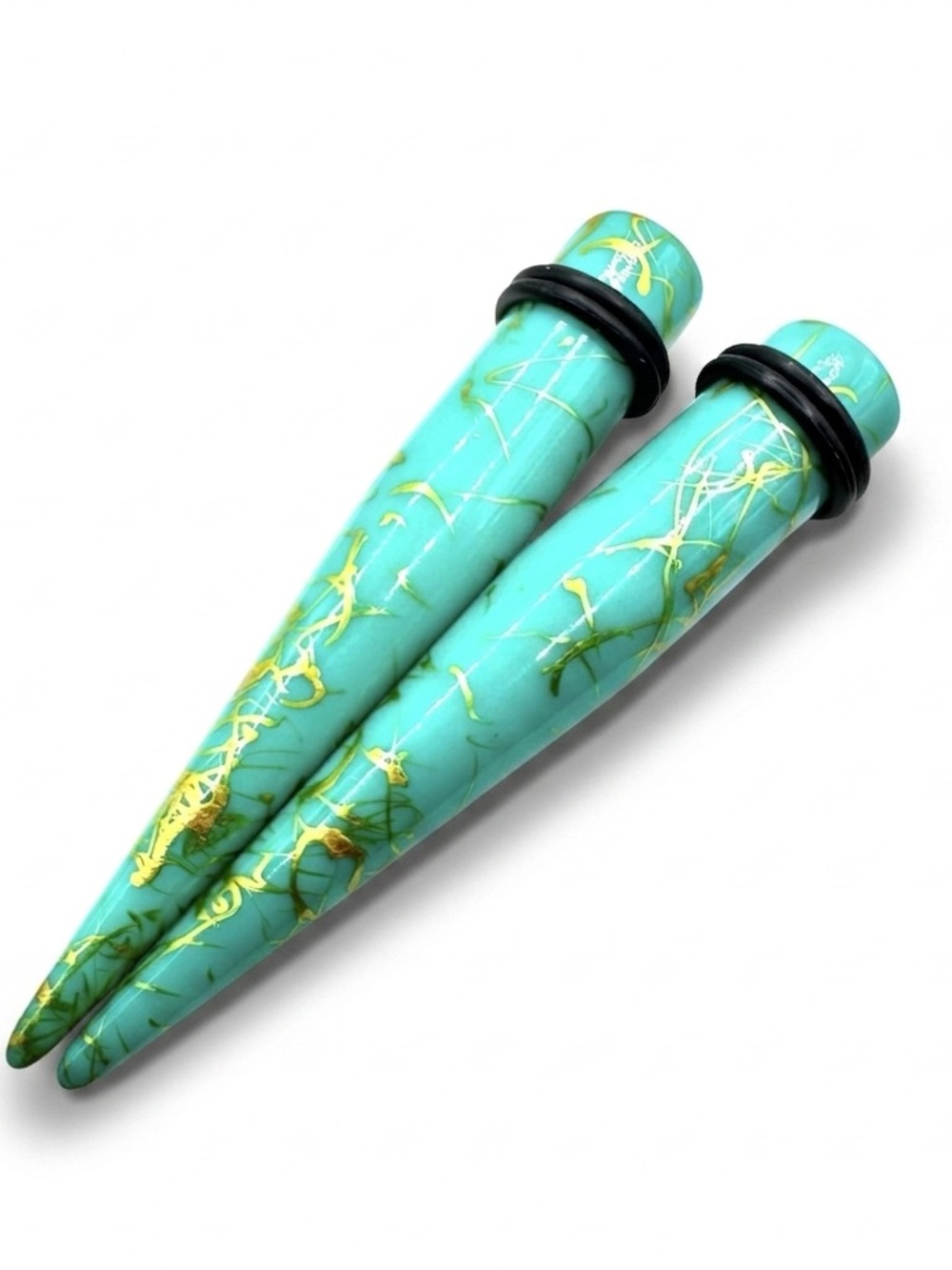 00G Turquoise Acrylic Tapers Ear Stretching Gauges Pair Gold Splatter  Plugs